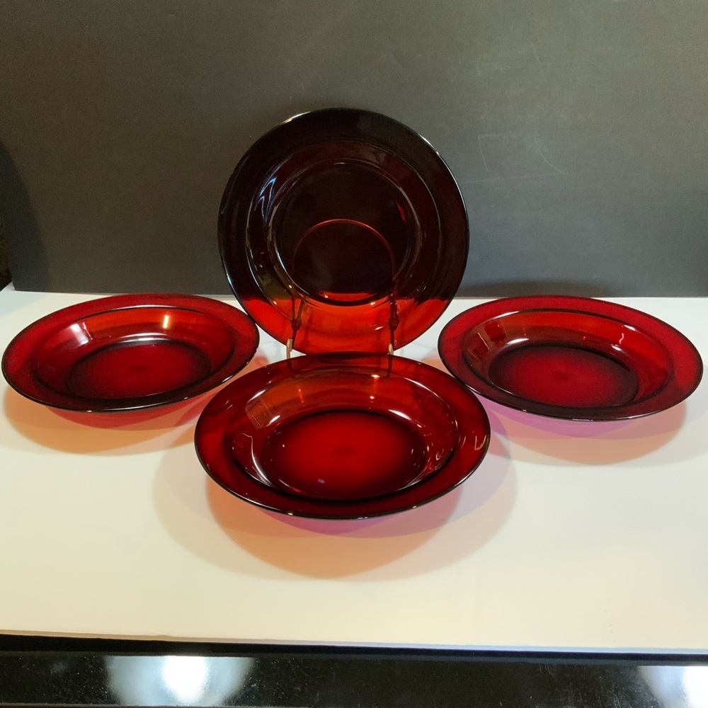 Arcoroc Soup Salad Bowls Ruby Red Rimmed Set Lot 4 Glass Vintage